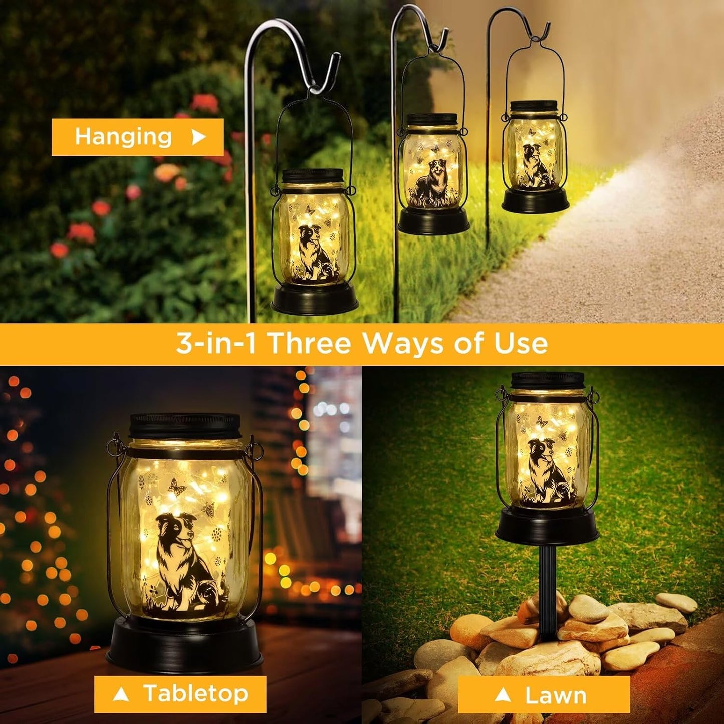 Border Collie Gifts for Women/Men Border Collie Solar Lanterns Dog Mom Birthday, Dog Lovers Lantern, Pet loss Pet Memorial Lights, Solar Garden Decoration Outside for Yard, Patio,Backyard,Porch