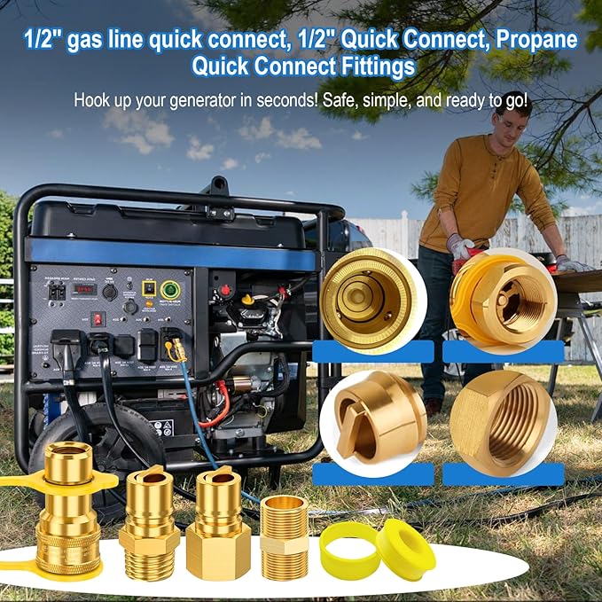1/2" Gas Quick Connect Kit, 1/2" Natural Gas Quick Connect Fittings Kit – 4 Pcs Solid Brass Natural Gas & Propane Quick Disconnect Fittings, 1/2 inch Hose Quick Connect Adapter.