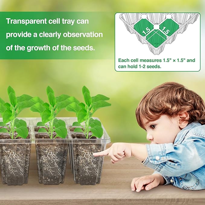 Bonviee 5 Packs Seed Starter Tray with Plant Light, Elevated Seedling Starter Trays Kits with Adjustable Humidity Domes and Clear Cell Tray, 12 Full Spectrum led lamp Beads for Plants Indoor-Green