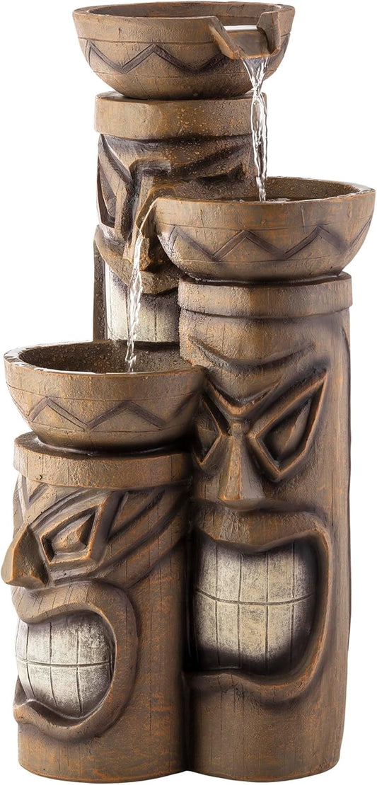 Alpine Corporation GIL838 Outdoor Floor 3-Tiered Soothing Polynesian Tiki Head Bowl Waterfall Fountain, 29", Brown