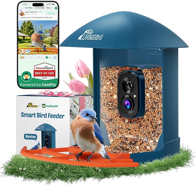 Smart Bird Feeder with Camera, 2K HD Birdwatching Camera with AI Identify Bird Species & Solar Panel, Auto Video Capture & Instant Notifications, Ideal Gifts for Lover, Deep Blue