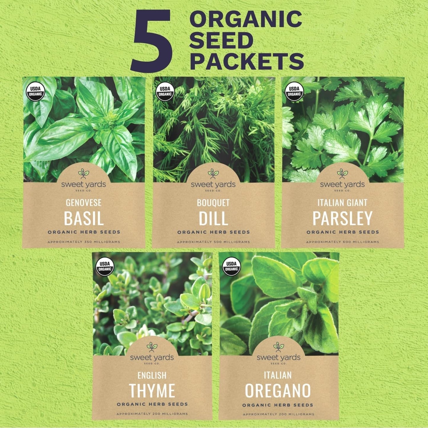 Organic Herb Seeds Variety Pack - 5 Individual Packs - 2025 Season - Basil, Oregano, Dill, Thyme & Parsley. for Indoor & Outdoor Planting (Non-GMO, Certified Organic)