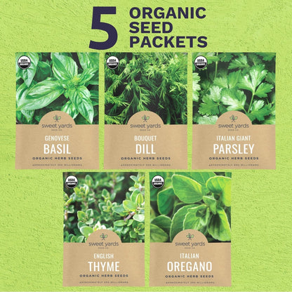 Organic Herb Seeds Variety Pack - 5 Individual Packs - 2025 Season - Basil, Oregano, Dill, Thyme & Parsley. for Indoor & Outdoor Planting (Non-GMO, Certified Organic)