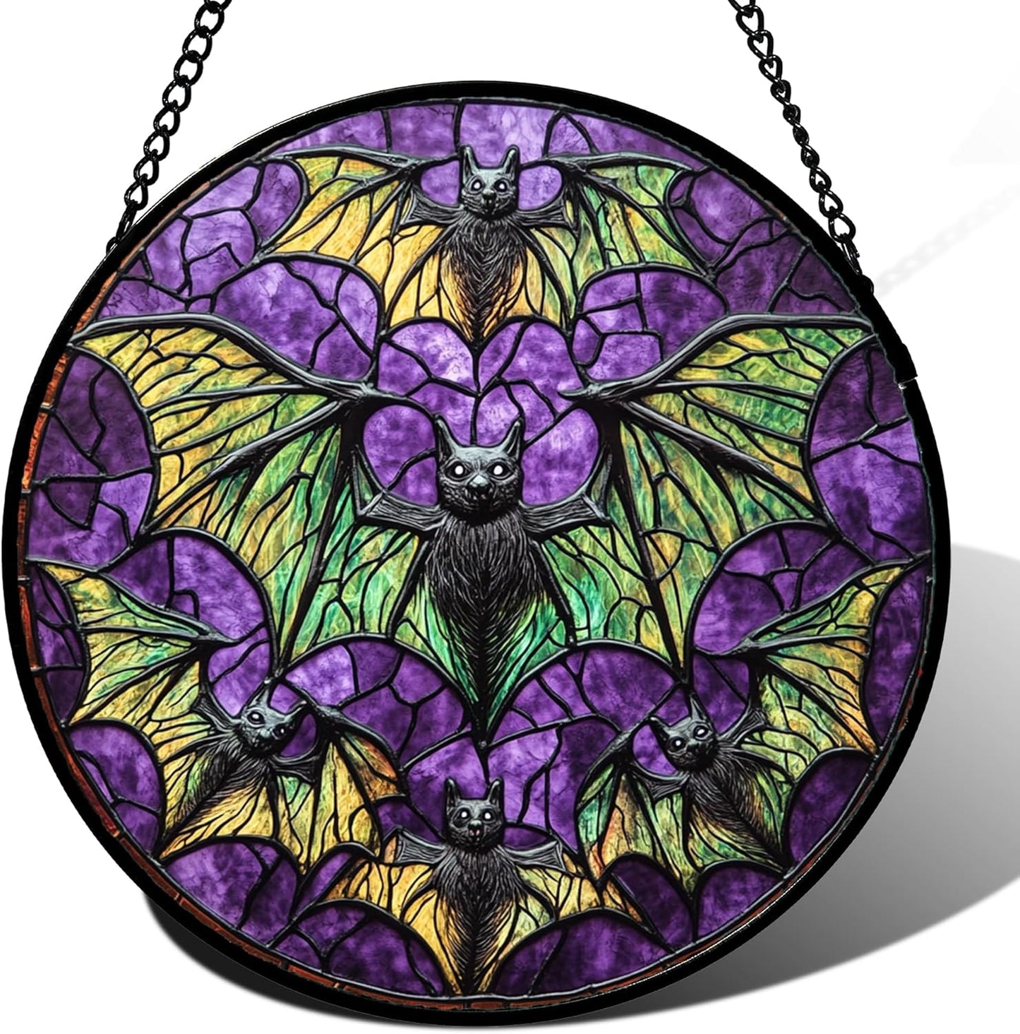Stained Glass Window Hanging - Halloween Decorations Bats Suncatcher for Doors Garden Indoor Spooky Funny Purple Sun Catchers Gothic Decor Horror Gifts for Women Men Friend 6.3 in