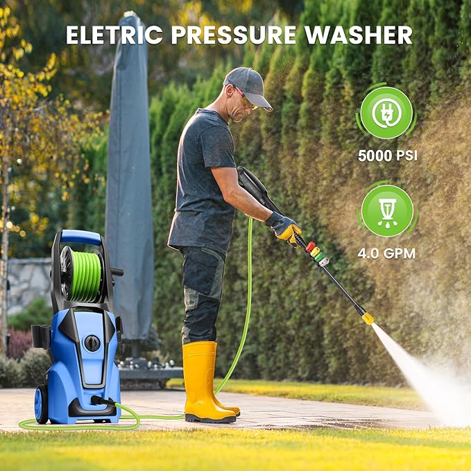 Electric Pressure Washer Adjustable 5000PSI 4.0 GPM Power Washers Electric Powered with 33ft Hose Reel, 4 Nozzle and Foam Cannon, Powerwashers Cleaner Machine for Home, Cars, Patio, Blue