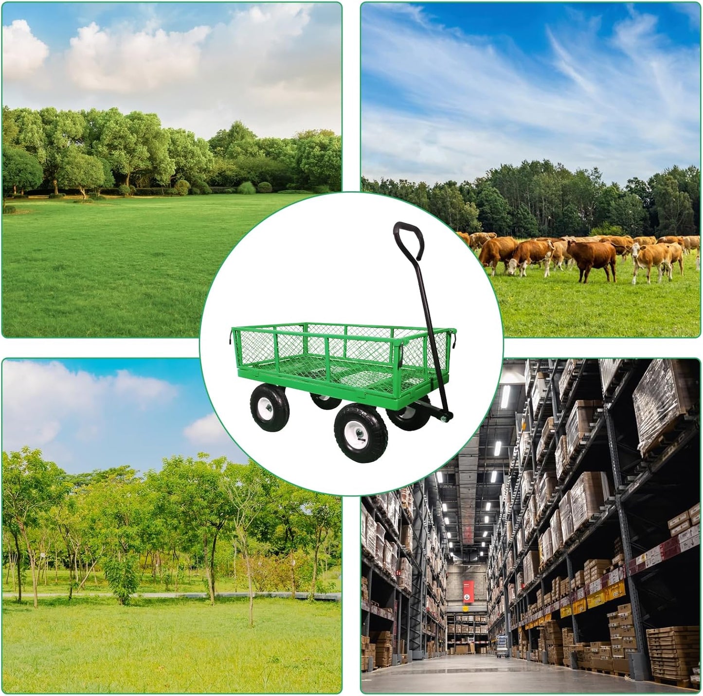 AAIN 400 lbs Metal Garden Cart,Heavy Duty Garden Wagon with Removable Steel Mesh Sides, Utility Yard Cart with 180° Rotating Handle and 10-inch Wheels—Perfect for Gardens, Farms, and Yards, Green