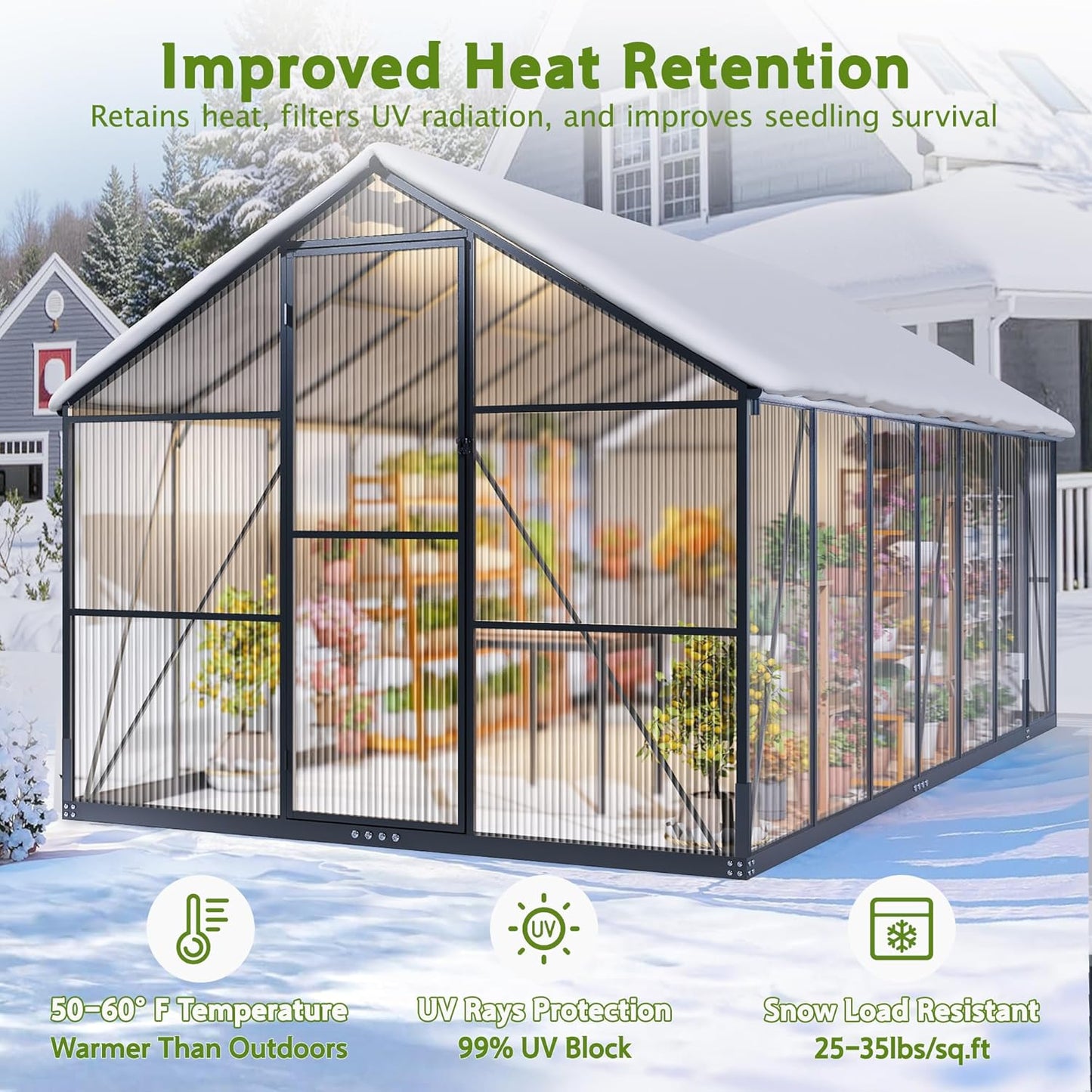 Wanan 14x8FT Greenhouses for Outdoors, Quick Assembly Polycarbonate Green House with UV Protection, Heavy Duty Windproof Aluminum Frame, Adjustable Roof Vent for Backyard or Outdoor Garden Use