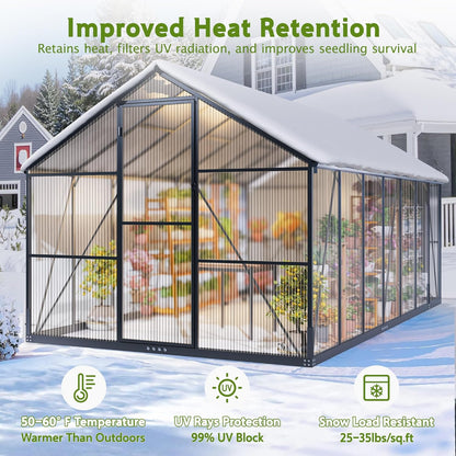 Wanan 14x8FT Greenhouses for Outdoors, Quick Assembly Polycarbonate Green House with UV Protection, Heavy Duty Windproof Aluminum Frame, Adjustable Roof Vent for Backyard or Outdoor Garden Use