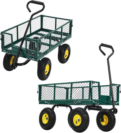 Steel Garden Cart, 900 LBS Heavy Duty Metal Garden Wagon with 10 in Wheels, Metal Push Wagon with 180° Rotating Handle and Removable Sides for Farm, Yard