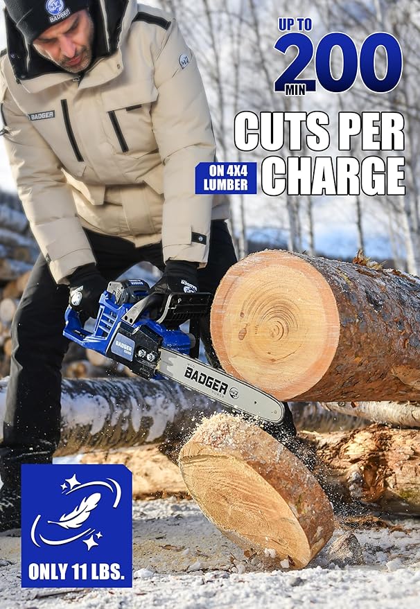 WILD BADGER POWER Electric Chainsaw Cordless 40V 16" Brushless, 4.0 Ah Battery and Charger, Smart Cut technology, Efficient cutting, Safe and Reliable, Great for Tree Felling, Storm Clean-Up, Pruning