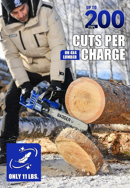 WILD BADGER POWER Electric Chainsaw Cordless 40V 16" Brushless, 4.0 Ah Battery and Charger, Smart Cut technology, Efficient cutting, Safe and Reliable, Great for Tree Felling, Storm Clean-Up, Pruning