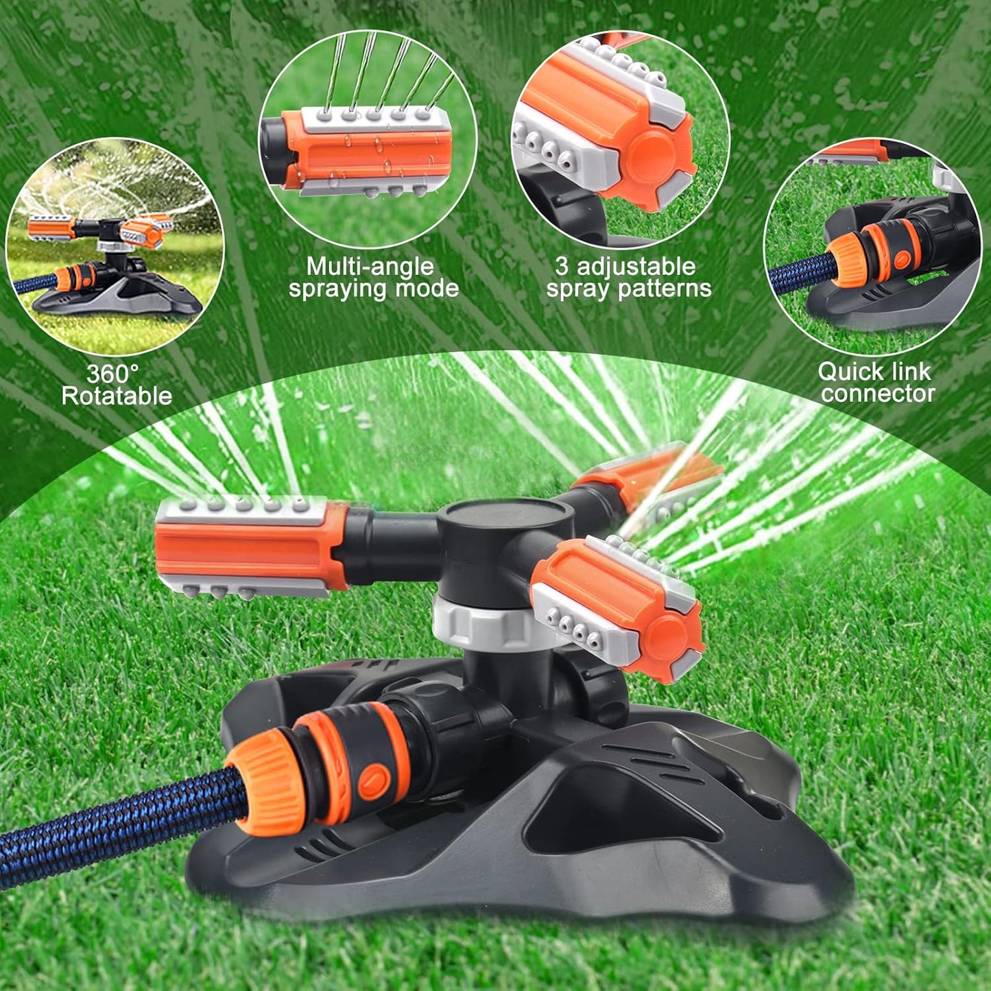 Lawn Sprinkler - Upgraded Automatic 360 Degree Rotating Irrigation System for Garden and Grass - 36 Angle Spray Nozzles - 2 Pack (Orange)
