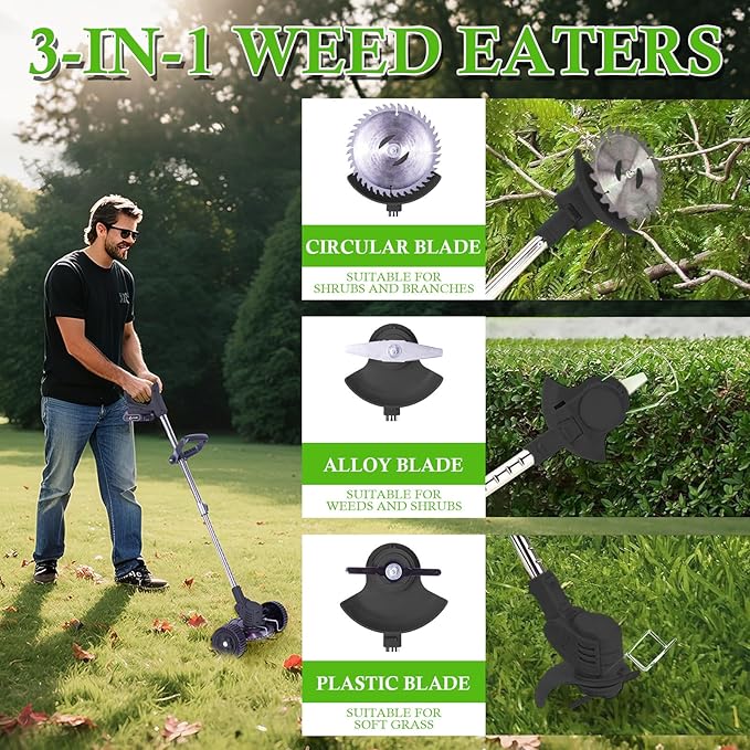 Weed Wacker Cordless Adjustable Weed Eaters 3 in 1 Electric String Trimmer Lawn with Two Battery with Charger Comes with Multiple Blades for Yard,Green,Garden(Black)