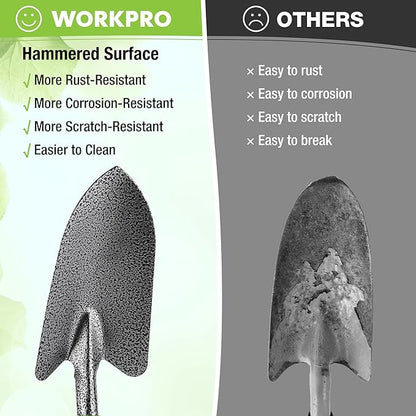 WORKPRO 6-Piece Garden Tool Set, Heavy Duty Gardening Hand Tools with Soft Rubber Handle, Including Trowel, Rakes, 2-in-1 Hoe and Crack Weeder, Ideal Gardening Gifts for Men and Women