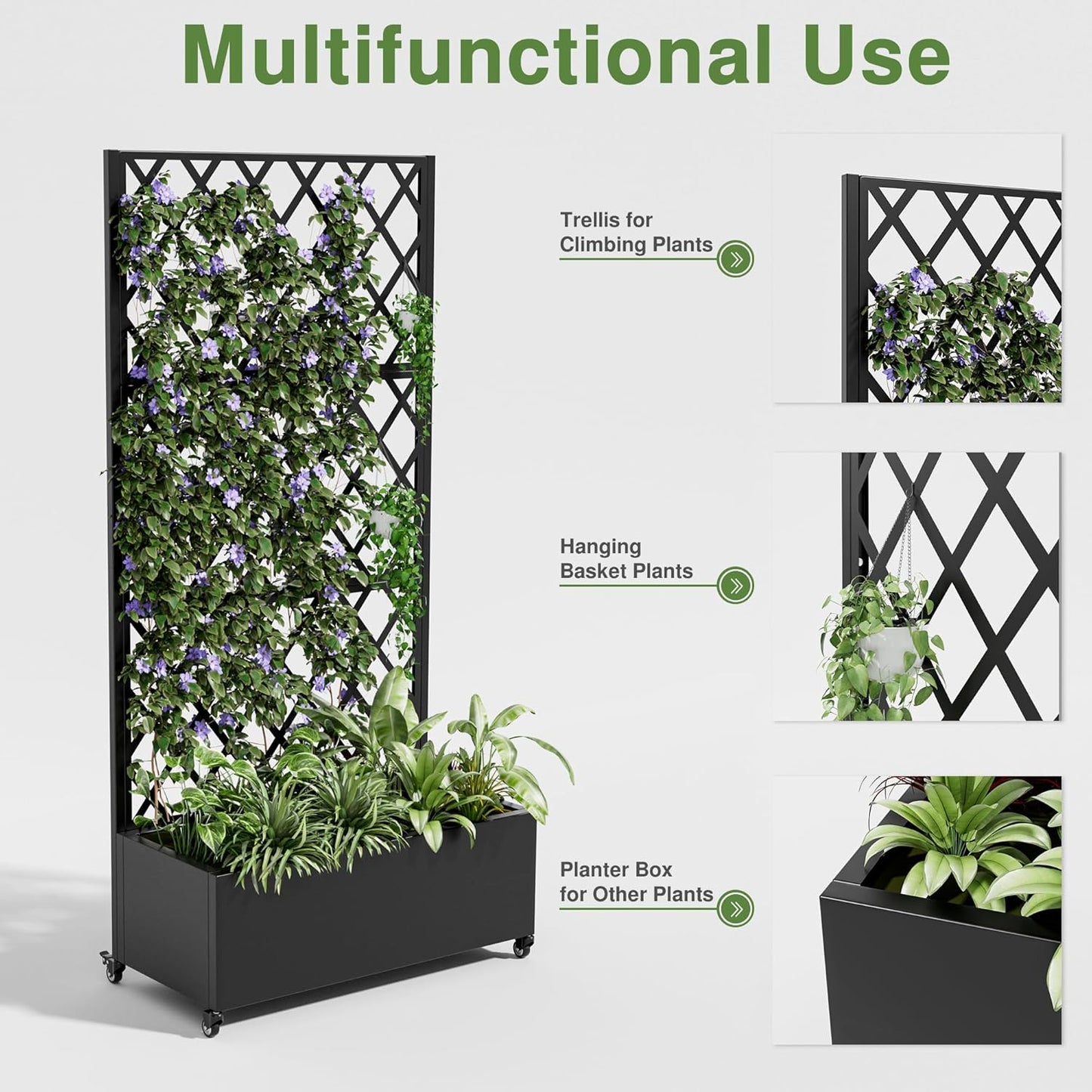 Casaphoria Metal Raised Garden Bed with Trellis and Wheels, 72"x35"x16" Planter Box for Climbing Plants, Vegetables & Vines, Features Drainage Holes and Privacy Screen (Black-Rhombus)