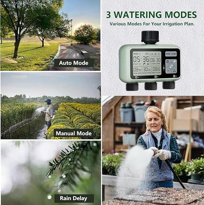 Sprinkler Timer,Auto&Manual Mode, Rain Delay Mode Water for Garden Hose Outdoor IPX5 Waterproof Irrigation Timer 3 Zone for Yard, Lawns and Pool