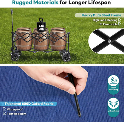 OLIXIS Collapsible Wagon Cart - 440lbs Foldable Extra Long Heavy Duty Utility Wagon with Wheels, Portable Storage Grocery Cart for Camping, Shopping, Sports, Beach, Garden (Blue, 48" L)