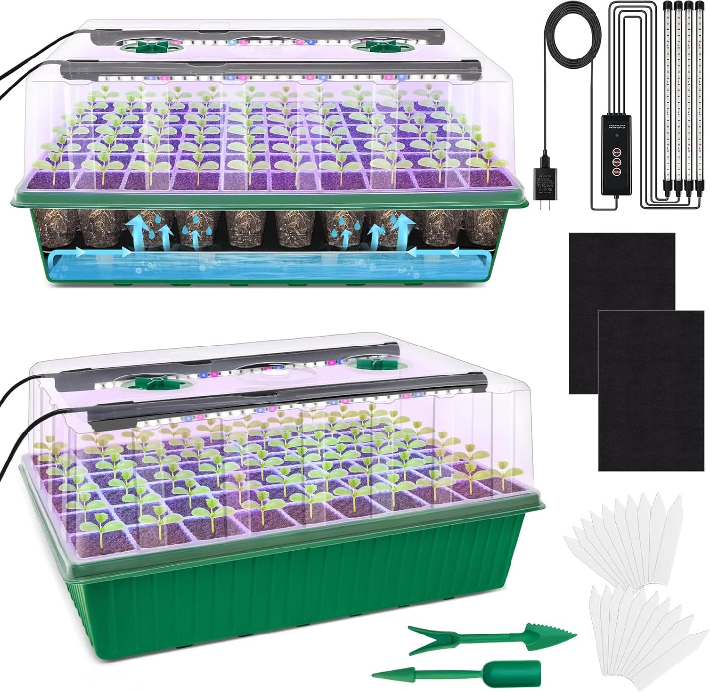 2 Packs Seed Starter Tray, 120-Cell Self-Watering Seed Starter Kit with Grow Light and 4.07” Humidity Dome, Indoor Plant Starter Trays for Seed Germination & Gardening Supplies