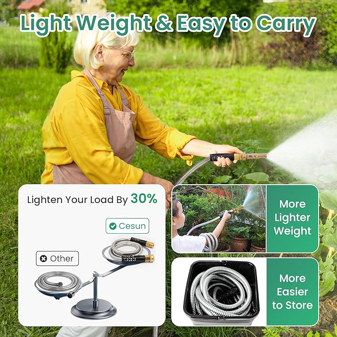 Cesun Metal Garden Hose 100 foot - 304 Stainless Steel Water Hose, Flexible, Lightweight and No-Kink Metal Hose with Brass Nozzle for Outdoor, Yard