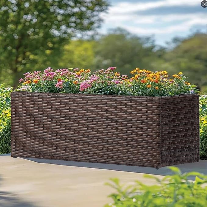 LEWIS&WAYNE Large Rectangular Block Planter Box Handmade Wicker Tall Planters for Outdoor Plants with Removable Liners Modern Planter for Indoor Outdoor Patio Deck - Brown, 36''x12''x16''