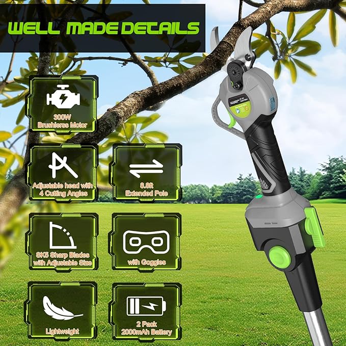 2 In 1 Pole Pruning Shears Cordless, Electric Pruning Shears with LCD Display, 8.8ft Extendable Pole for Tree Trimming, with 2 Pack 2000mAh Batteries and Goggles