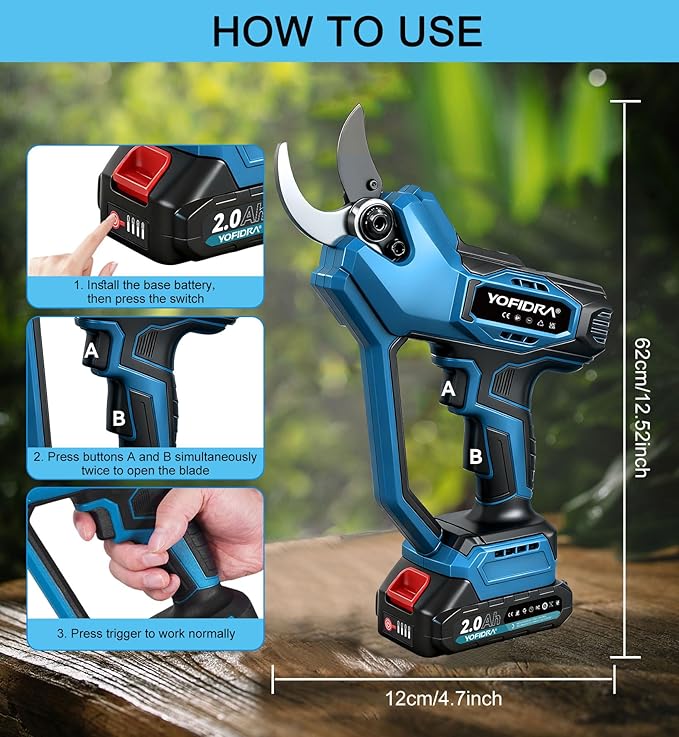 Electric Pruning Shears, 1.77" Cutting Diameter Cordless Pruning Shears with LED Display & SK5 Blade, Brushless Motor Electric Pruner Garden Tool with Charger, 2.0mAh Battery*2 for Garden Tree Branch