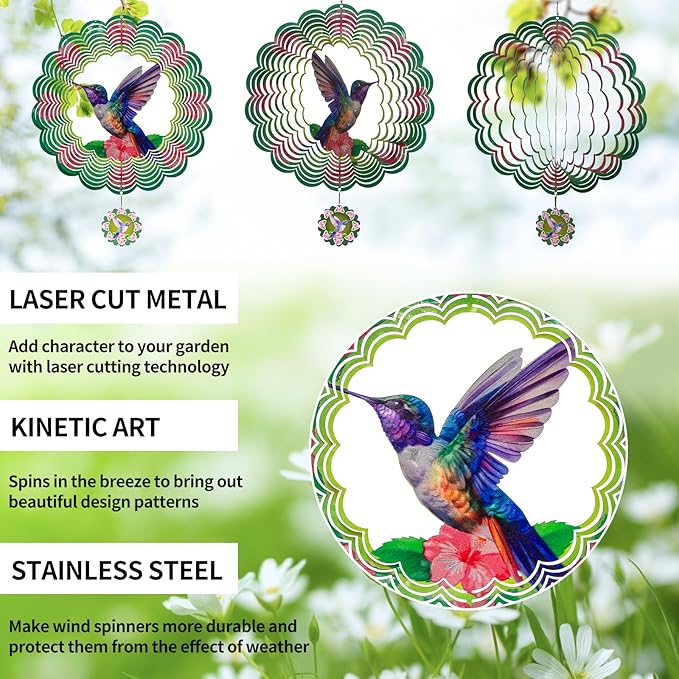 3D Hummingbird Wind Spinners for Yard and Garden Patio Decor 12 Inch Outdoor Metal Stainless Steel Wind Spinner Unique Gift Holiday Wind Sculptures
