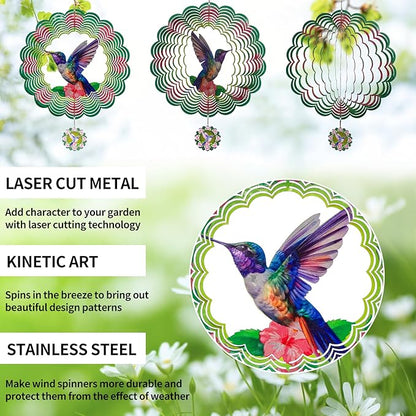 3D Hummingbird Wind Spinners for Yard and Garden Patio Decor 12 Inch Outdoor Metal Stainless Steel Wind Spinner Unique Gift Holiday Wind Sculptures