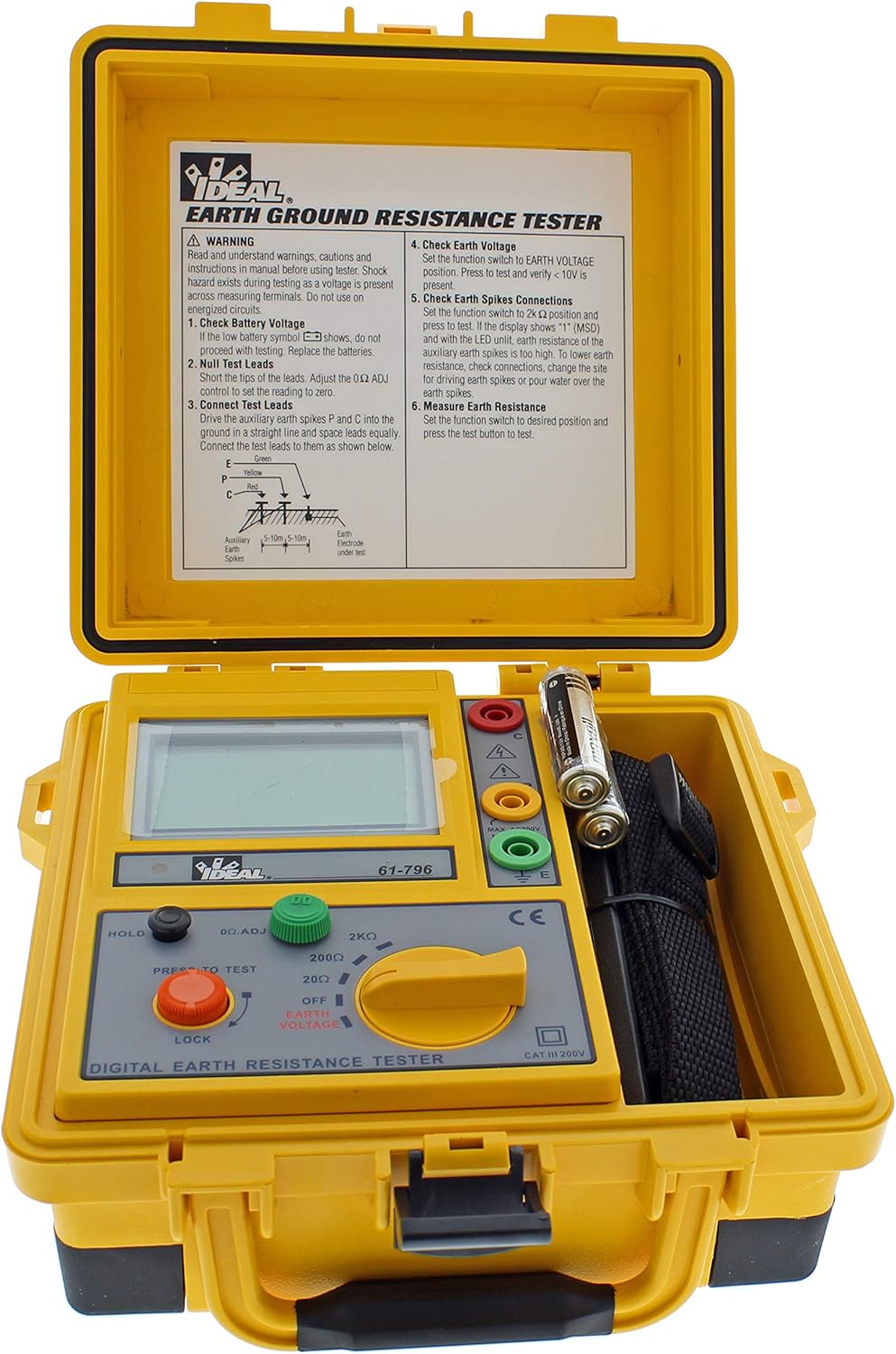 IDEAL Electrical 61-796 Earth Ground Resistance Tester, 3-Pole, Carrying Case Included,Yellow,Green,Red