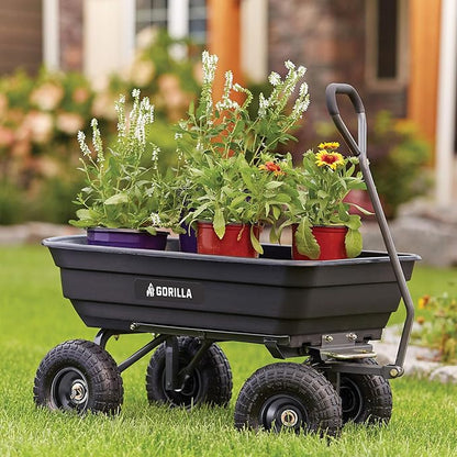 Gorilla Carts Poly Garden Dump Cart, 4 Cu Ft Tub, 600 lb Haul Capacity, Black – Heavy-Duty Utility Wagon with Quick-Release Dumping & Pneumatic Tires for Yard, Landscaping and Gardening