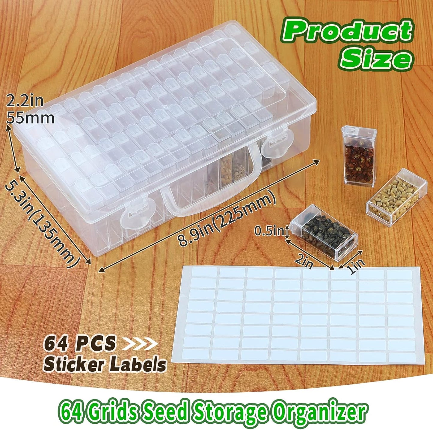 64-Slots Seed Storage Organizer Box with Label Stickers, Seed Storage Container for Flower Plants, Seeds & Bulbs, Flower, Vegetable, Clover and Basil Seeds, Gardening Supplies & Organizer