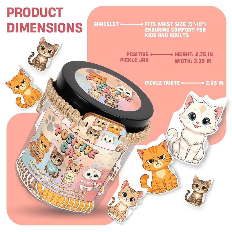 Positive Cat Jar - 60 Affirmation Cards With Cat Bracelet, Emotional Support Cat, Cat Themed Gifts, Stress Relief & Against Anxiety Cards, Cat Gifts, Cat Lover Gifts For Women, Teen Girl Gifts