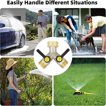 2 Way Hose Splitter, Brass High Flow Garden Hose Splitter Heavy Duty, Hose Connector, Water Spigot Splitter, Full Flow Faucet Splitter with shutoff, 3/4” GHT Inlet