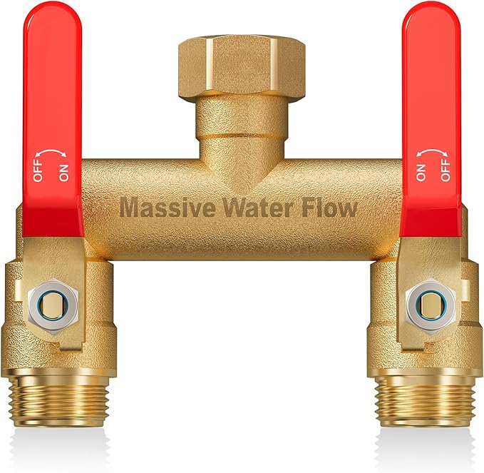 Hose Splitter 2 Way Heavy Duty, Full Flow Garden Hose Splitter with 2 Long Metal Handles, Brass Rust and Freeze Resistant Water Hose Bib Splitter, T Adapter Connector with 3/4 - Inch GHT Thread（Red）