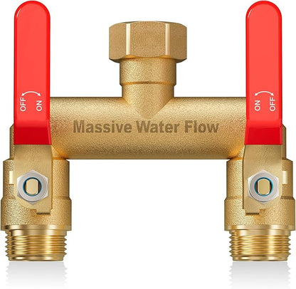 Hose Splitter 2 Way Heavy Duty, Full Flow Garden Hose Splitter with 2 Long Metal Handles, Brass Rust and Freeze Resistant Water Hose Bib Splitter, T Adapter Connector with 3/4 - Inch GHT Thread（Red）
