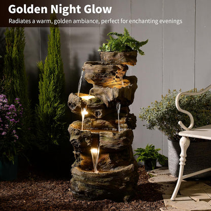 40.5" H Outdoor Water Fountain 5 Tiers Large Cascading Wooden Imitative Wood Natural Waterfall Outdoor Fountain Resin Imitation Wood with LED Lights for Garden, Patio, Porch