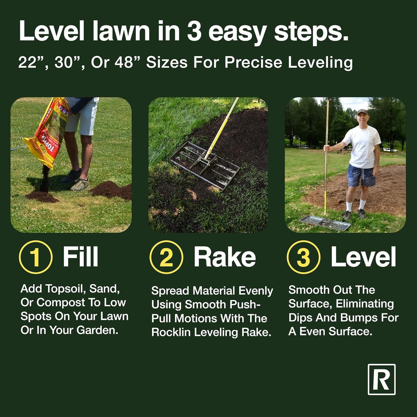 Rocklin™ Lawn Leveling Rake – 22” x 10” Stainless Steel Levelawn Tool with 78” Handle | Smooth & Level Soil, Sand or Grass | Durable Leveling Tool for Lawn, Yard and Garden