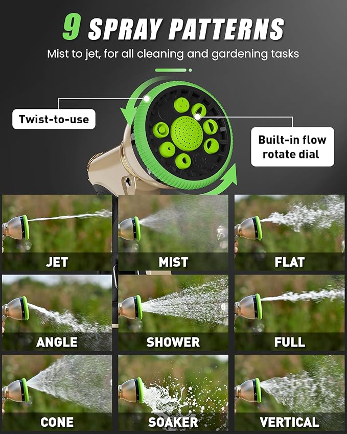 RAINPOINT Garden Hose Nozzle, Heavy Duty Metal Water Hose Sprayer Nozzle with 9 Adjustable Spray Patterns, High Pressure Hand Sprayer for Watering Plants, Lawns, Car and Pet Washing (2Pack, Green)