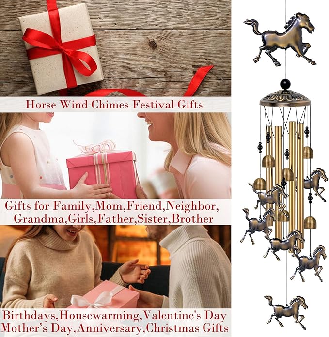 Bronze Horses Wind Chimes Decor, Mobile Blessing Wind Bells Decorate, Sympathy Wind Catcher, Memorial Gifts for Mom,Grandma,Woman (/Outside/Indoor/Home/Room/Porch/Yard/Garden Decoration)