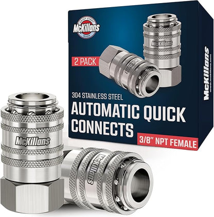 McKillans® Automatic 3/8" NPT Female Quick Connect Fittings - Stainless Steel - 3/8" Pressure Washer Quick Connect Kit - Power Washer NPT 3/8" Quick Connect Fittings - PUSH-TO-CONNECT