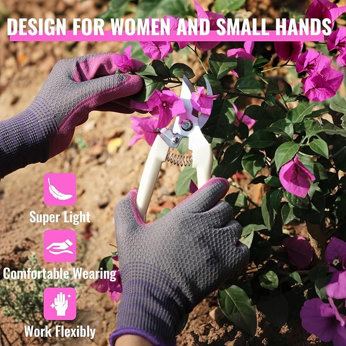 Gardening Gloves for Women, 3 Pairs Garden Gloves with Rubber Coating – for Weeding, Digging, Raking, Pruning Breathable Working Gloves（Small/7）