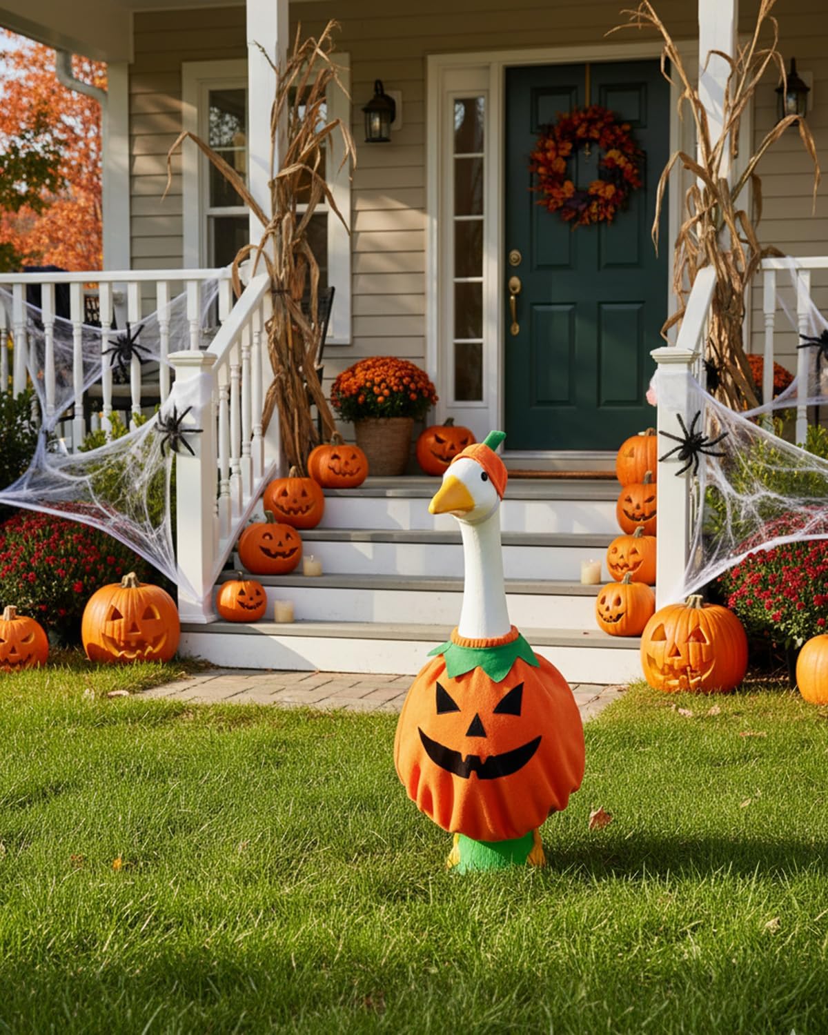 Helloween Porch Goose Outfits, 2 Pcs/Set Pumpkin Lawn Cement Goose Clothes, 23" Patio Yard Garden Geese Costume Decoration