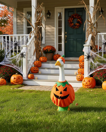 Helloween Porch Goose Outfits, 2 Pcs/Set Pumpkin Lawn Cement Goose Clothes, 23" Patio Yard Garden Geese Costume Decoration