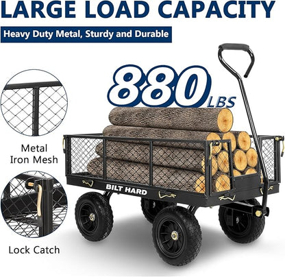 BILT HARD 10" Flat Free Tires Heavy Duty Garden Cart with 180° Rotating Handle and Removable Sides, 4 Cu.Ft 880 lbs Capacity Utility Steel Wagons for Outdoor, Yard