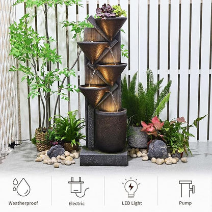 49.6" H Water Fountain Outdoor with LED Lights & Pump, 5-Tier Cascading Outdoor Fountain for Garden,Patio,Porch,Backyard,Home Art Decor (Brown)