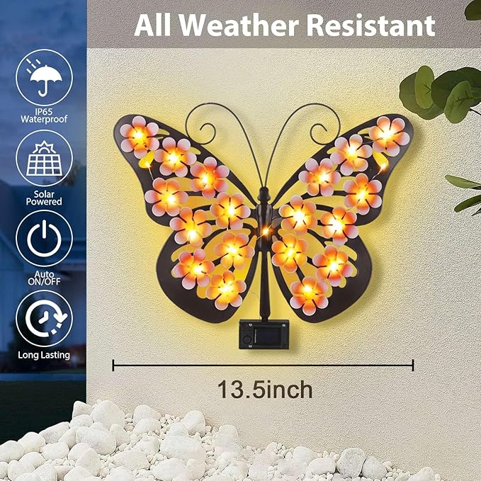 for Women Solar Lights Outdoor Metal Butterfly Wall Decor with 30 Led - 13.5" Outdoor Fence Wall Art,Hanging Decoration for Garden Patio Porch Yard,Xmas Gifts for Mom Grandma