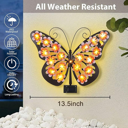 for Women Solar Lights Outdoor Metal Butterfly Wall Decor with 30 Led - 13.5" Outdoor Fence Wall Art,Hanging Decoration for Garden Patio Porch Yard,Xmas Gifts for Mom Grandma