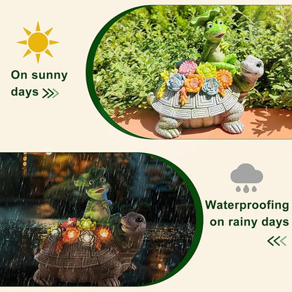 ILLUMINEW Solar Garden Outdoor Statues Turtle& Frog with Succulent and 8 LED Lights, Turtle Carrying Lotus Leaf Frog Figurines, Lawn Decorations for Patio Yard Gifts for Mom Grandma Housewarming