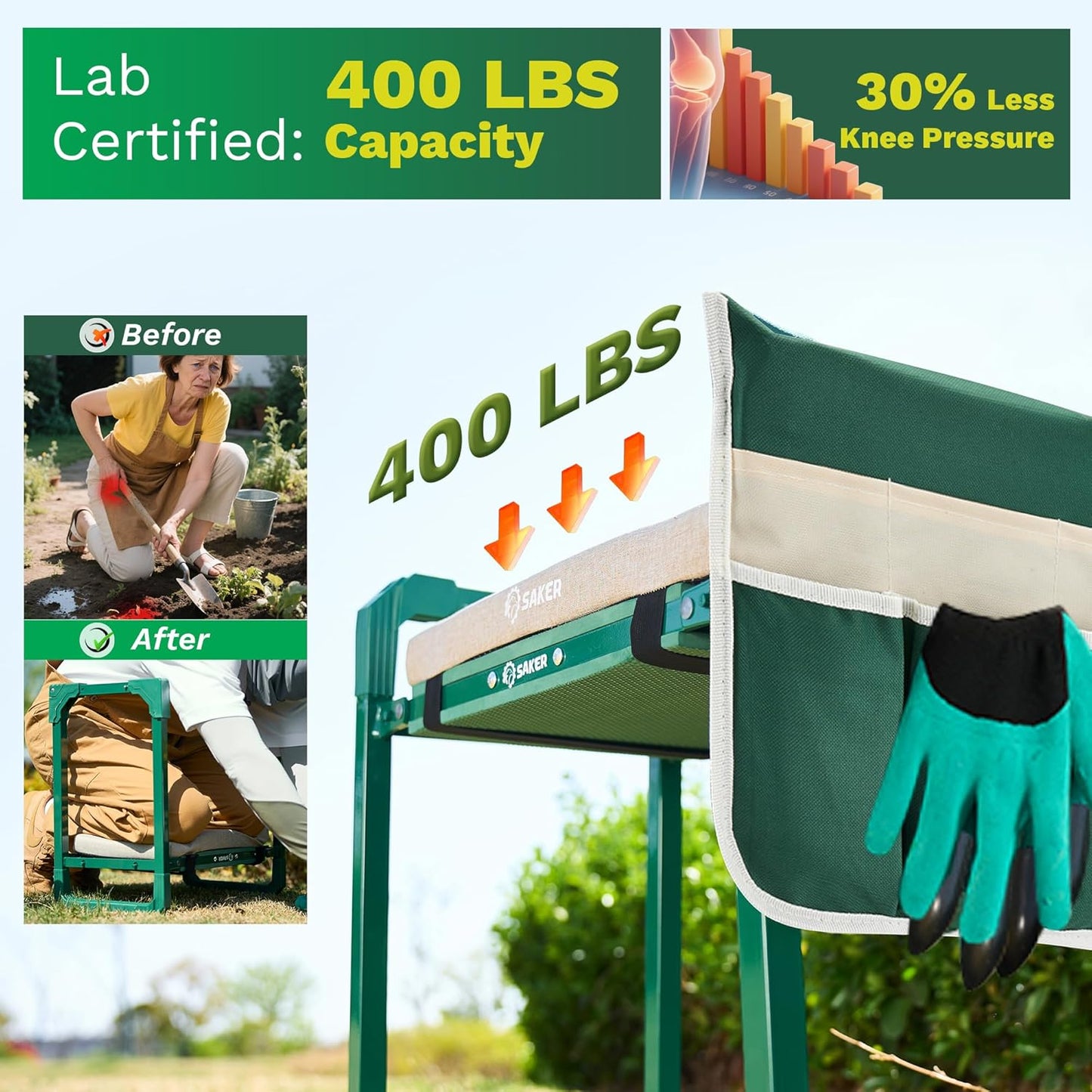 Saker Garden Kneeler and Seat Foldable Gardening Stool with Extendable Legs & Thickened Pad, Tool, Heavy Duty Support for Elderly, Gardening, Outdoor Use