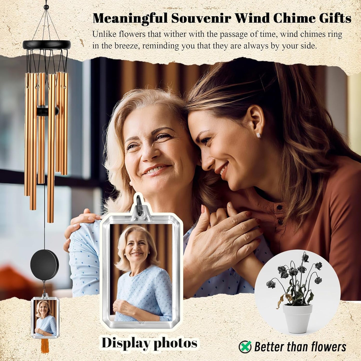 Memorial Wind Chime for Outdoor - Sympathy Gift with Signature Plaque & Photo Holder, Bereavement Keepsake for Loss of Loved One, Funeral Memorial for Parents, Garden & Patio Decor (Gold)